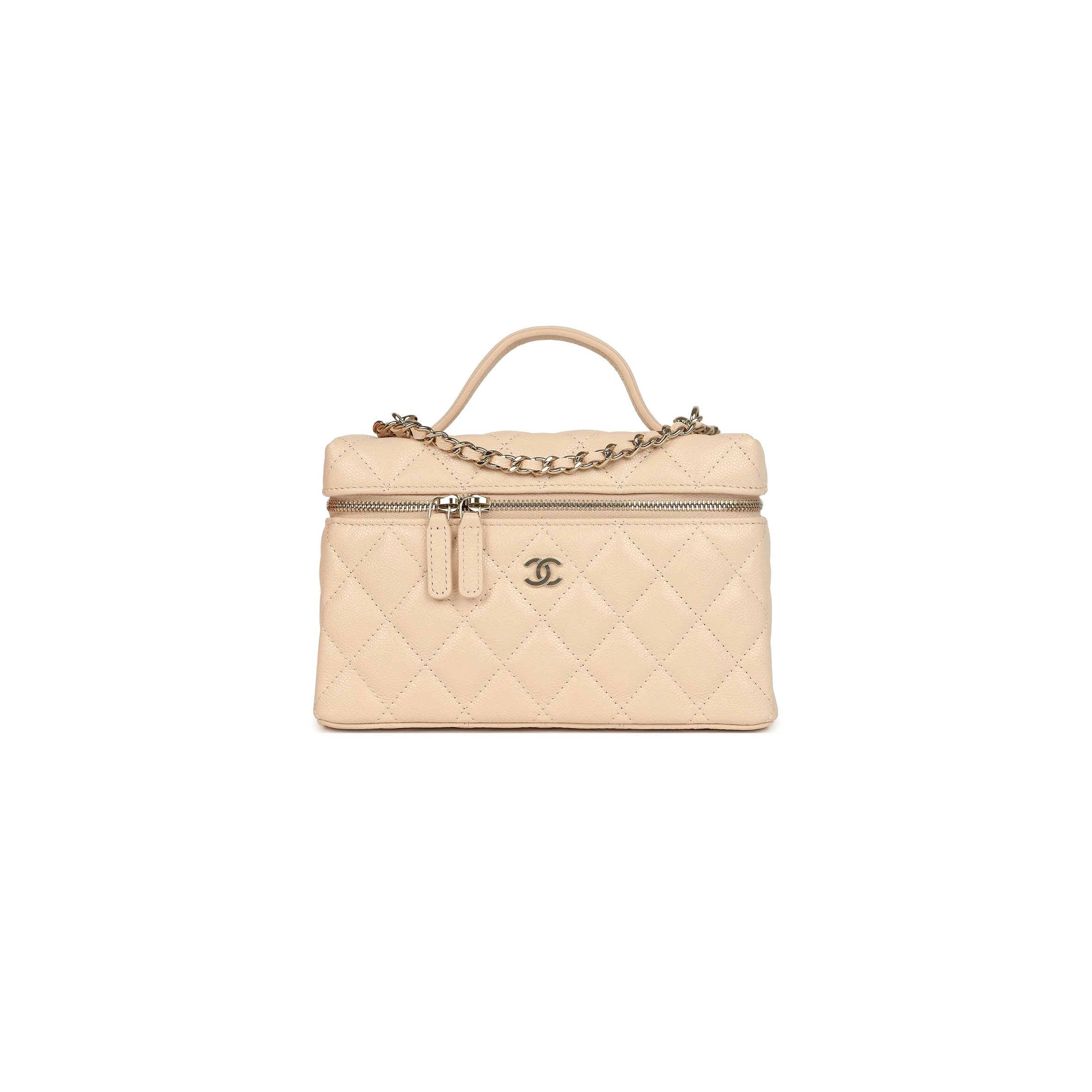 CHANEL MASTER TOP HANDLE LONG VANITY CASE WITH CHAIN LIGHT BEIGE SHINY CAVIAR LIGHT GOLD HARDWARE AP4385 (19*14*5cm)